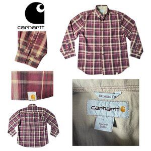 Carhartt Mens Large Red Brown Plaid Bellvue Cotton L/S‎ Button Down Relaxed Fit